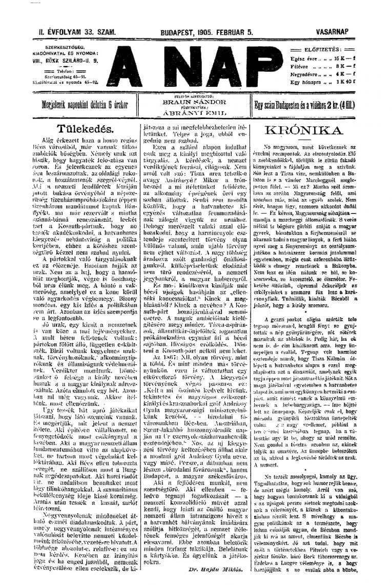 Title page of the tabloid A NAP, February 1950. Founded by Sandor Braun