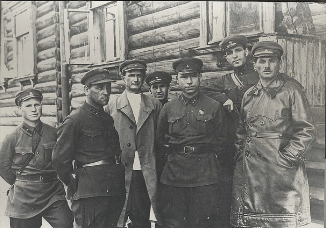 Frenkel (far right) at the White Sea–Baltic Canal works in July 1932 during the visit of Matvei Davidovich Berman (front, second from right), head of the Gulag system (WikiPedia)