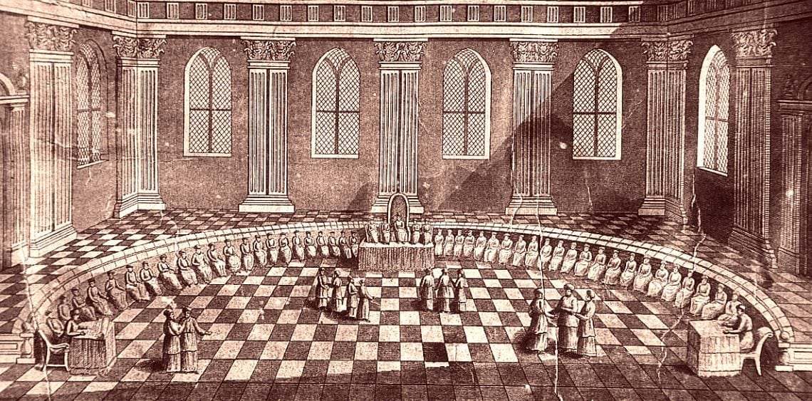 Hall of Hewn Stones, inside Gerhard Schut model of the first temple, 17th century