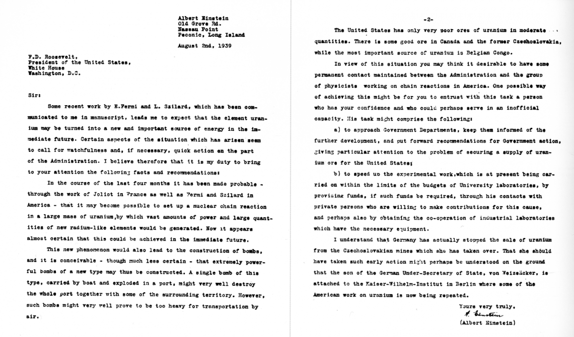 Scan of the letter sent to U.S. President Franklin D. Roosevelt on August 2, 1939, was signed by Albert Einstein but largely written by Hungarian physicist Leo Szilard