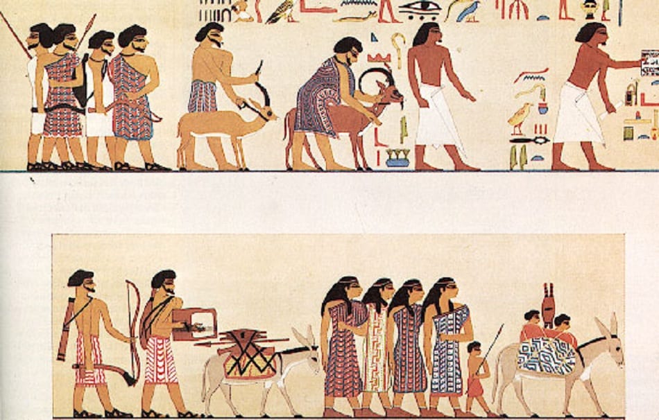Detail at the Beni Hasan cemetery site. Semite nomads on their way to Egypt, one named Avisa or Avisar, called Hyksos, "ruler of a foreign land" in ancient Egyptian.