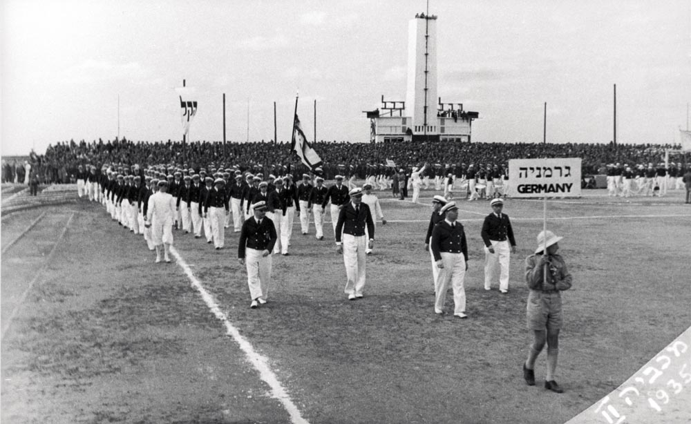 The delegation from Germany at the opening ceremony of the 2nd Maccabiah Games, Tel Aviv, Eretz Israel, 1935 Beit Hatfutsot, The Oster Visual Documentation Center, courtesy of Hannah Levi-Efron