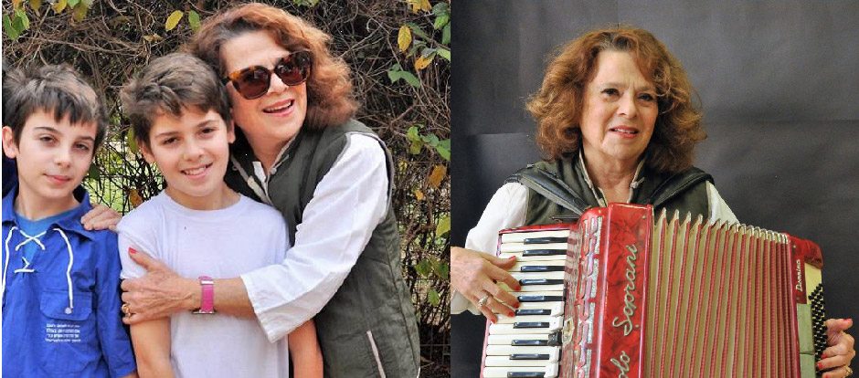 . חוה עם האקורדיון ועם הנכדים עידו ואריאל גל. "למדתי לנגן באקורדיון בילדותי והוא שימש אותי גם לפרנסה כמורה לריתמיקה בגני ילדים בזמן היותי סטודנטית". לסיפור של חוה ליאור